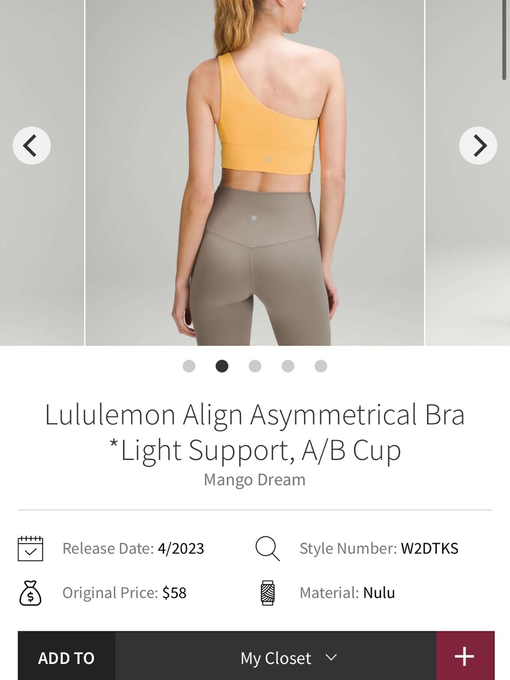 Lululemon Align Asymmetrical Bra in Mango Dream Size 8